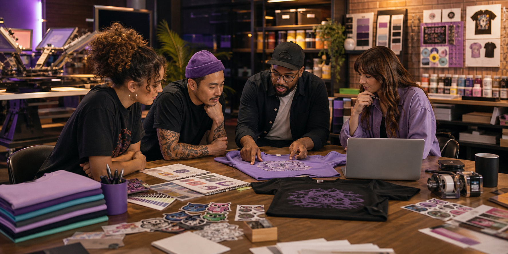 Merch production team reviewing T-shirt and sticker strategy