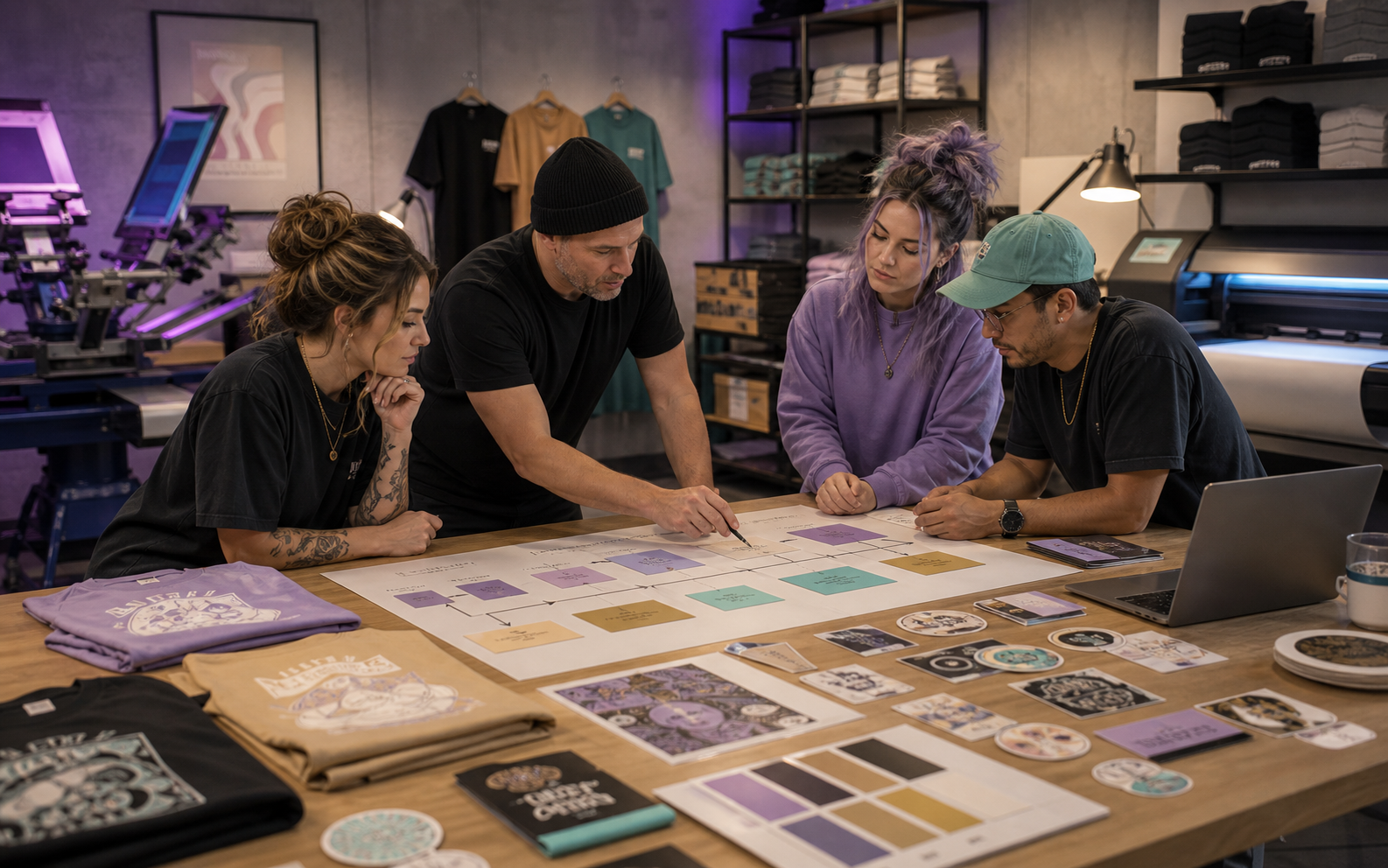 Print shop team planning production workflow